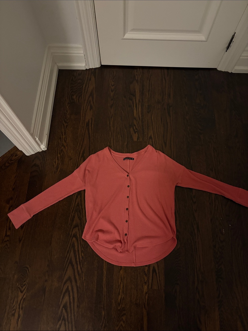 Abercrombie & Fitch Coral Ribbed Button-Front Long Sleeve Top
